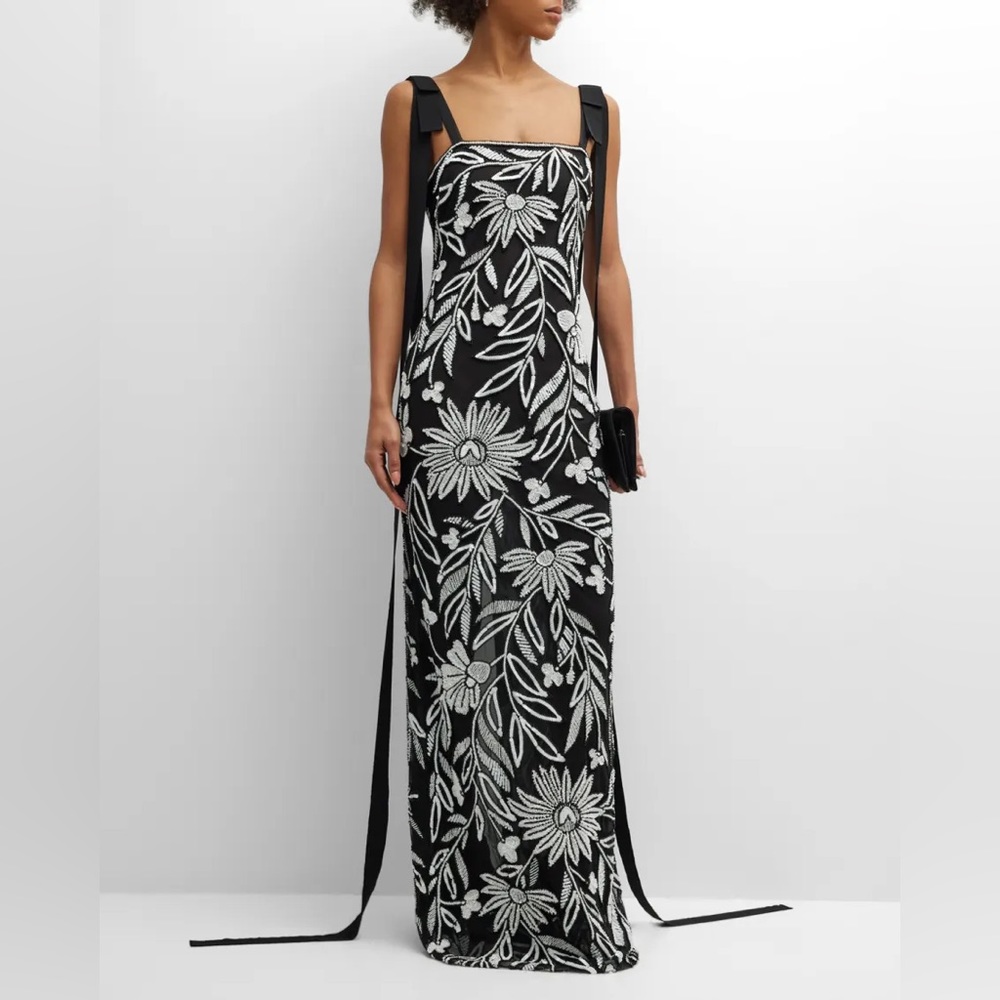 NAEEM KHAN Embroidered Gown w/ Long Ribbon Detail NWT